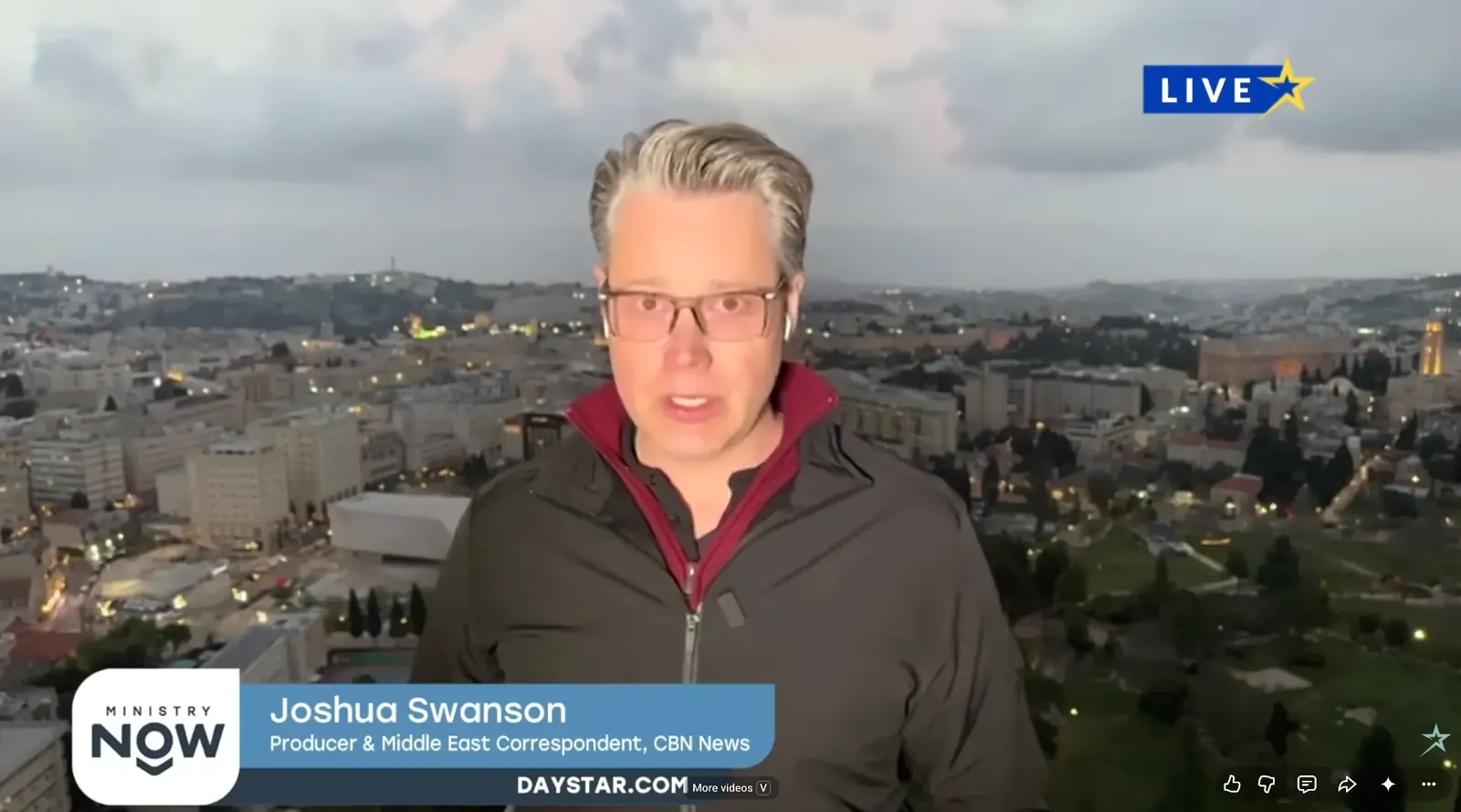 Joshua Swanson reporting live for Ministry Now with the Jerusalem skyline behind him